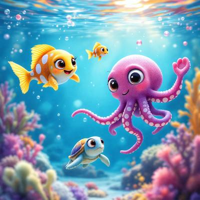 The primary subject of the image is a cute cartoon octopus, which is the main focus of the scene. The octopus is surrounded by a colorful underwater environment, featuring a variety of fish and other sea creatures. The visual style of the image is a digital art or illustration, with a vibrant and lively atmosphere. The colors and mood of the image are predominantly bright and cheerful, with a sense of fun and playfulness.